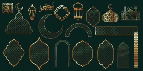 Fotobehang Vector collection symbol Ramadan gold line, mosque, lantern, pattern and decoration © Dani