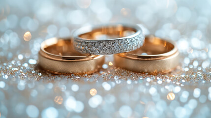 Upright gold wedding bands symbolic of love and romance on a textured glitter background. Decorative gifting beautifully for a valentines, anniversary, celebration. Generative AI