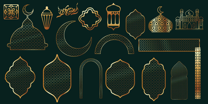 Vector collection symbol Ramadan gold line, mosque, lantern, pattern and decoration