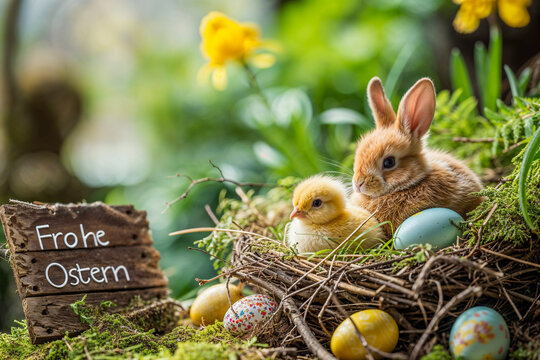 Osternest mit Hase und K&uuml;ken im Fr&uuml;hlingsgarten