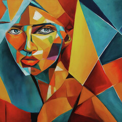 Painterly cubist portrait of a multifaceted woman with adhesive bandages on her face