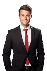 professional headshot in a white background of male wearing black suit, red tie, nice smile PNG