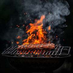 Hot orange flames and smoke rise from the charcoal grill, ready for barbecuing. The background is dark black , ai generated