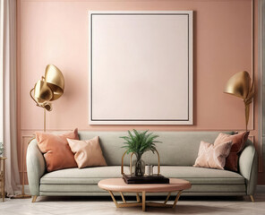 Stylish Living Room Decor Beige Sofa and Frame 3D Render Illustration
