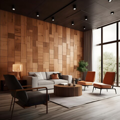 Interior living room wall mockup with leather sofa and decor on wooden wall background.Generative AI