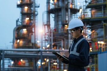 Asian engineer in hard hat and safety vest using tablet at oil refinery