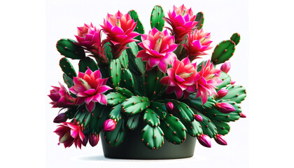 Potted Christmas or Easter Cactus Schlumbergera With Pink Flowers on White Background