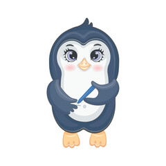 Cute little penguin with diabetes. Cartoon character with glucometer, syringe pen, hypoglycemia and sugar, glucose measurement sensor. Vector illustration for kids, products, stickers, advertising ban