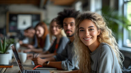 Portrait of a smiling young businesswoman with her team in the background. Group of young business...