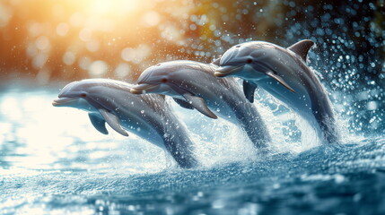 Fototapeta premium Three dolphins leaping joyfully from sparkling blue ocean waters under a sunny sky - fish out of water