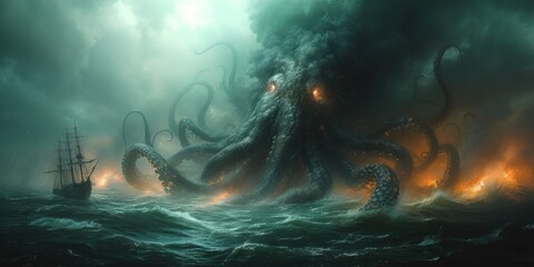Kraken is a mythological sea monster in the form of a giant octopus that can attack fishing boats. ai generated - obrazy, fototapety, plakaty