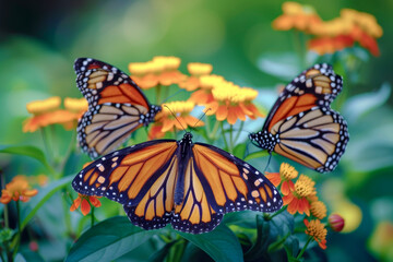 Monarch Butterflies in Their Natural Environment. The Natural Beauty of the Butterflies Surrounded by Plants and Flowers.