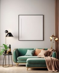 Contemporary Living Space 3D Rendered Mockup with Beige Sofa and Blank Frame




