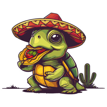 Turtle wearing a sombrero while enjoying a taco, cartoon vector illustration