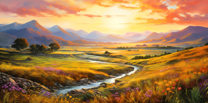 Vivid paintings of nature, mountains, sunlight, rivers and flowers.