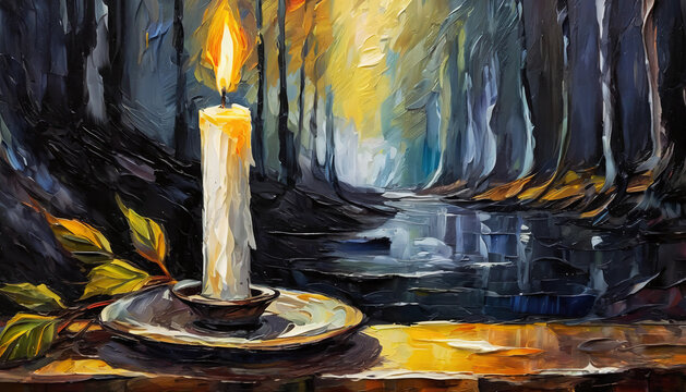 Candle alone in the dark night background oil painting