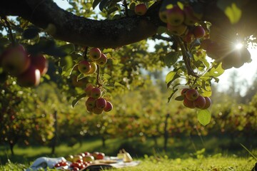 upsidedown apple tree with fruit hanging towards the ground, picnic below