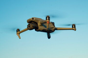 Detailed plan of drone with large sensors and multifunctional camera, with powerful zoom and...