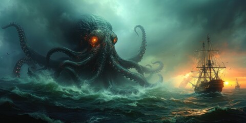 Kraken is a mythological sea monster in the form of a giant octopus that can attack fishing boats. ai generated