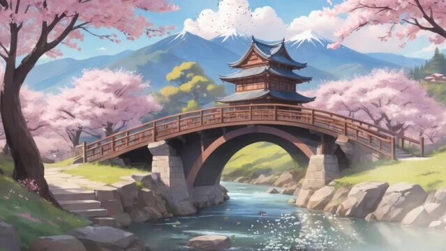 Bridge over the river with views of the Japanese mountains. Cartoon or anime watercolor painting illustration style. seamless looping virtual video animation background.
