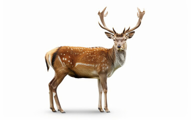 A majestic spotted deer with impressive antlers, isolated on a white background.