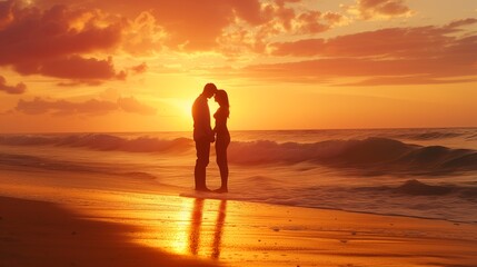 a honeymoon couple lost in love's embrace, their silhouettes etched against the golden hues of the horizon.