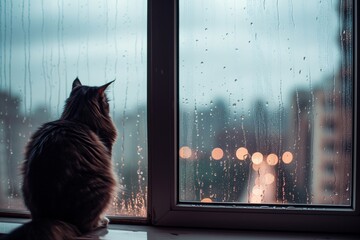 maine coon on a cozy windowsill, watching a rainy cityscape - obrazy, fototapety, plakaty