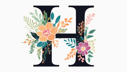 letter H floral monogram on a white background, Flower 