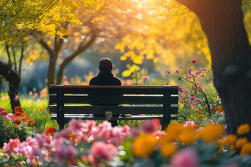 Person sitting on bench in park during spring, colorful trees and flowers with sunlight