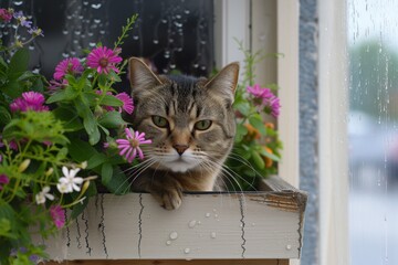 tabby cat in a windowsill flower box, drizzle enveloping