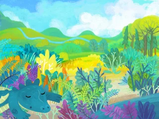 Foto op Plexiglas cartoon scene with forest jungle meadow wildlife with dragon dino dinosaur animal zoo scenery illustration for children © honeyflavour
