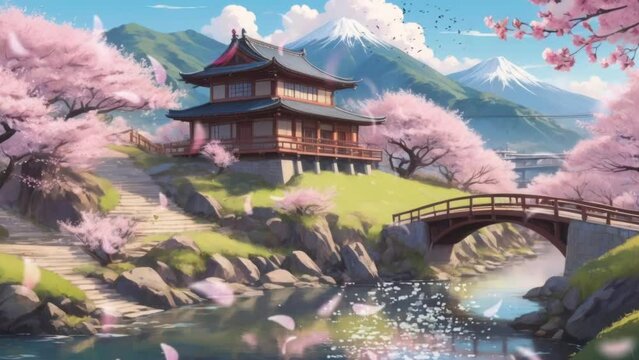 japanese garden in autumn. Cartoon or anime watercolor painting illustration style. seamless looping virtual video animation background.