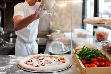 chef handtossing dough in the air behind a pizza counter