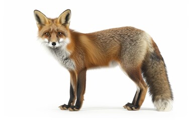 Obraz premium A vivid, detailed image of a standing fox, showcasing its rich fur and intense gaze, isolated on a white background.