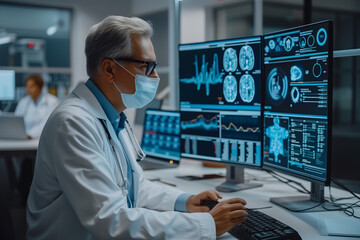 Predictive analytics in preventive healthcare. White male researcher is analysing results on a computer screen. Caucasian man, doctor, is investigating the cause of  chronic diseases on a monitor - obrazy, fototapety, plakaty