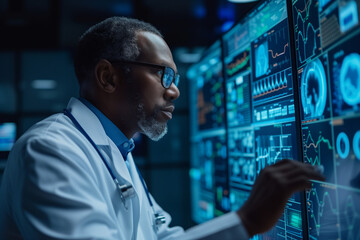 Role of telemonitoring for chronic disease management. Black male researcher is analysing results on a computer screen. African man,doctor, is investigating the cause of  chronic diseases on a monitor