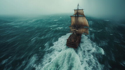 Pirate ship in the ocean. 