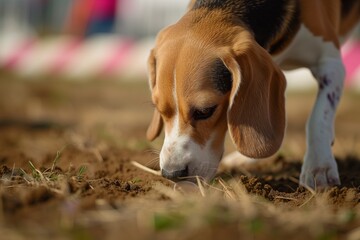 beagle tracking scent during race, nose close to ground