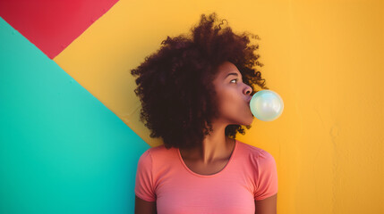 beautiful African-American woman blowing a bubble of bubble gum against a coloured wall