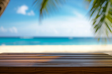 Fototapeta na wymiar beachside table with blurred ocean backdrop