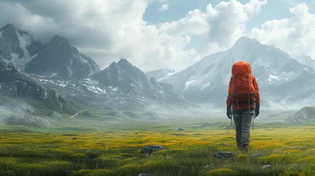 Solo Hiking Walking to the Mountain. Carrying a Backpack. Sunny weather, quiet atmosphere. Wallpapers . Ai Generated