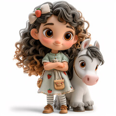 Cute girl with curly hair with a shiny bow, in a menthol T-shirt with strawberries, skirt with pockets, striped tights and shoes with clasps, hugging a big Cute unicorn