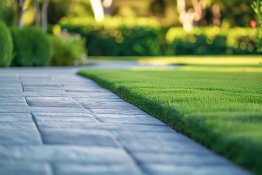 paved pathway with soft edges, blurry green lawn and bushes behind