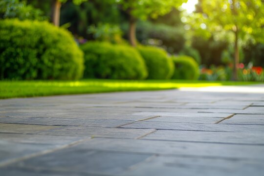paved pathway with soft edges, blurry green lawn and bushes behind