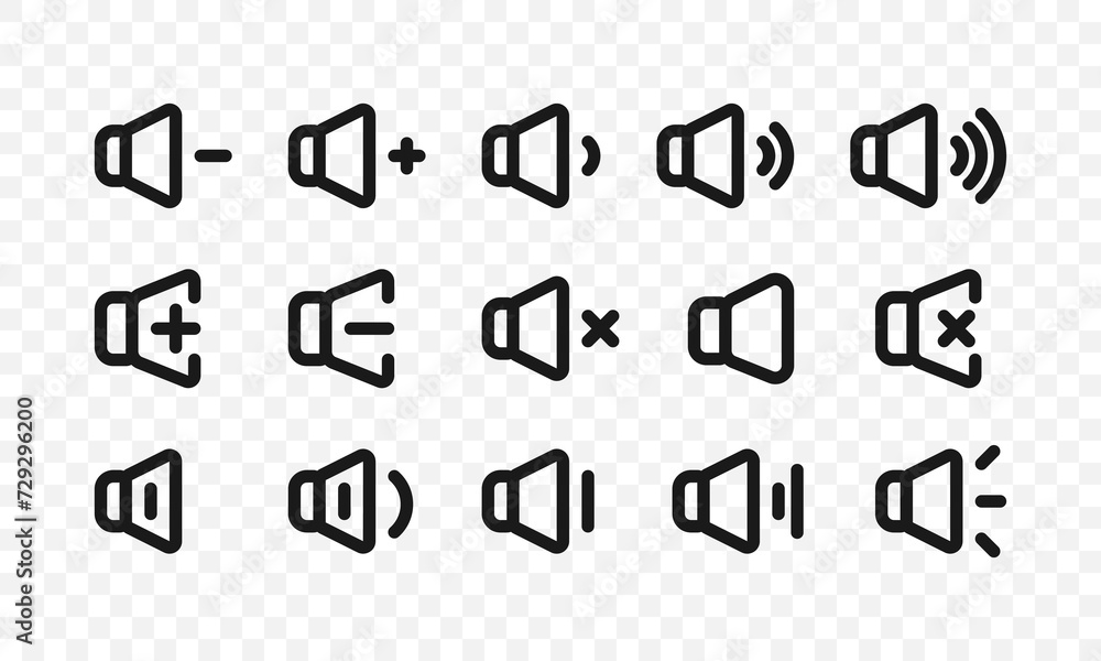 Poster sound icons set with different signal levels. volume up and down, mute symbols. vector eps 10