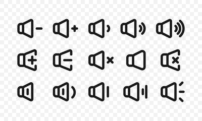 Sound icons set with different signal levels. Volume up and down, mute symbols. Vector EPS 10
