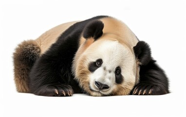 A close-up of a relaxed panda lying down, showcasing its iconic black and white fur isolated on white background.