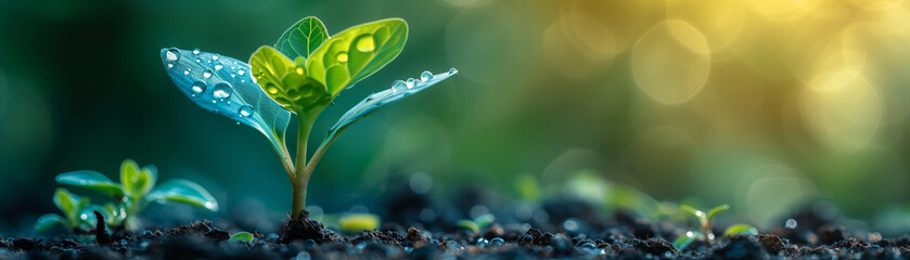 The seedlings are growing from the soil with the morning sun shining. ecosystem and healthy environment concept, earth day, save the world - obrazy, fototapety, plakaty