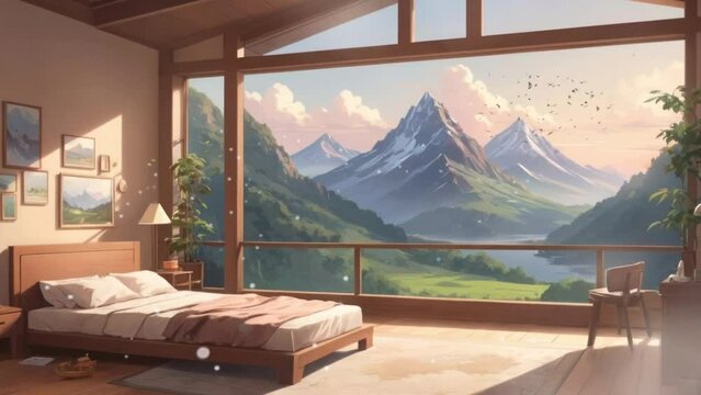 bedroom interior with mountain views. Cartoon or anime watercolor painting illustration style. seamless looping virtual video animation background.