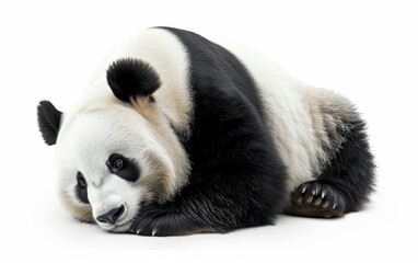 A close-up of a relaxed panda lying down, showcasing its iconic black and white fur isolated on white background.
